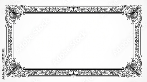 Blank certificate template with ornate grayscale floral and scroll border, elegant decorative design, empty center space for text, formal layout for awards, diplomas, or recognition documents.
