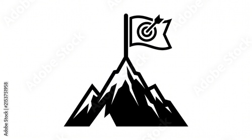 Stylized black-and-white mountain peak with flag, target symbol at summit, arrow hitting center, representing success, achievement, and reaching goals in minimal symbolic design.