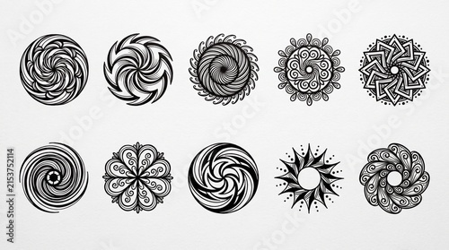 Ten circular geometric designs with intricate black linework, symmetrical spirals, floral motifs, radial mandala-like patterns, arranged in two rows against plain white background.