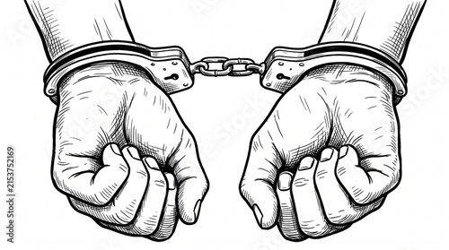 Black-and-white illustration of two hands restrained by metal handcuffs, chain visible, symbolizing confinement, restriction, or law enforcement in a stark minimal composition.