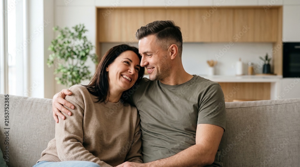 Obraz premium Middle aged married couple smiling on sofa in modern apartment reflecting on tax savings and mortgage payment plan, happy mature husband and wife satisfied with home insurance coverage.