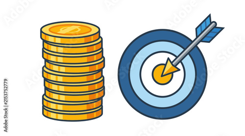 Dart Hitting Target with Gold Coins and Clock Symbolizing Business Success, Financial Growth, Time Management, Investment, Wealth, and Achieving Goals