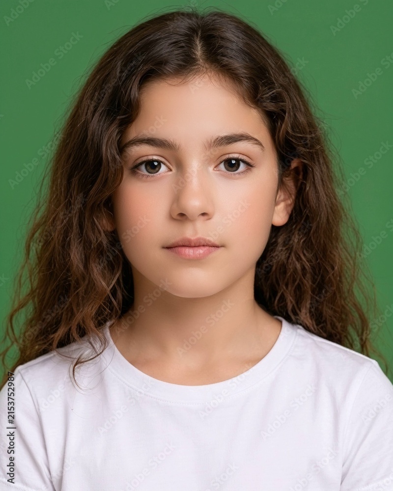 Fototapeta premium Young girl with a calm expression wearing a white shirt against a green background
