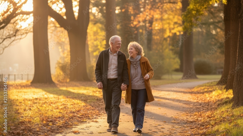 Fototapeta premium Senior Couple Walking in Autumn Park with Golden Leaves