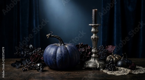 Dark Halloween still life with blue pumpkin and skull