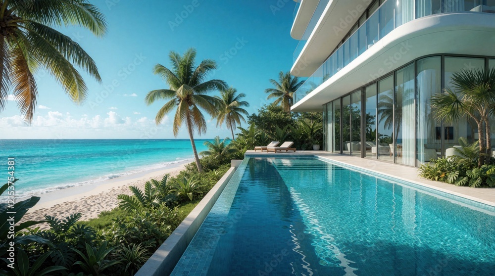 Fototapeta premium Modern luxury villa with infinity pool overlooking turquoise ocean beach. Tropical palm trees, white sand surround high end apartment building. Sunny summer vacation scene at exotic coastal resort