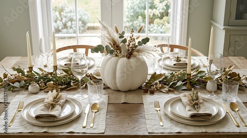 Elegant Autumn Table Setting with White Pumpkin Centerpiece