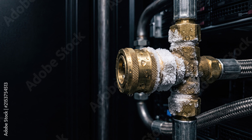 Frost covered brass quick disconnect coupling on liquid cooling pipes in server rack