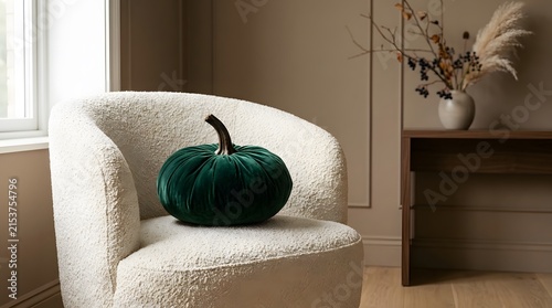 Green Velvet Pumpkin Pillow on Armchair emerald
