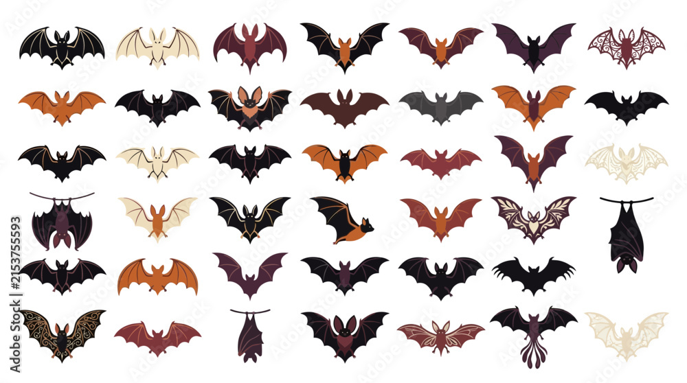 Fototapeta premium Assorted bat silhouettes, Halloween wild animal vector collection. Spooky flying mammals symbols in shades of brown, orange, black, and white. Set of forty-five graphic design elements for