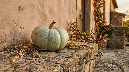 Pale green pumpkin on stone ledge with wheat autumn