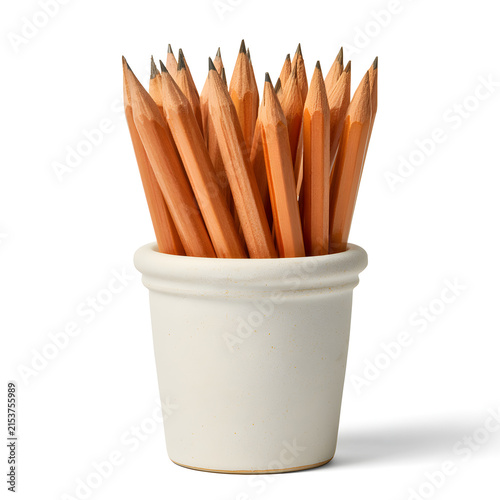 A collection of sharpened wooden pencils in a simple white ceramic pot, ideal for school or office settings.