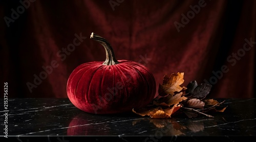 Red Velvet Pumpkin and Autumn Leaves on Marble burgundy