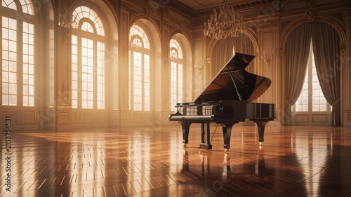 Grand Piano in Empty Ballroom with Golden Light