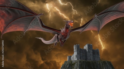 Mythical Dragon Flying Over Medieval Castle