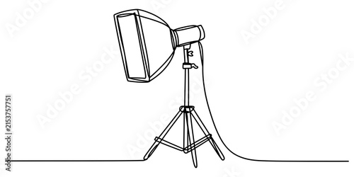Continuous professional studio lighting equipment with softbox stand for photography and video production in a simple minimalist continuous line drawing Vector, illustration