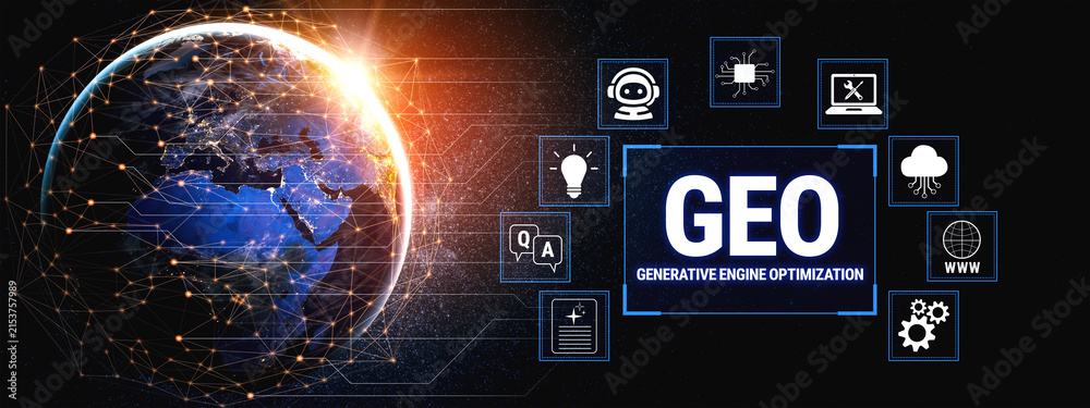 Obraz premium Futuristic Concept of Generative Engine Optimization with Digital Earth and Symbols Representing Technology and Innovation Fluxor.
