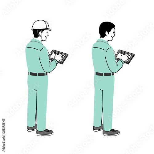 タブレットで点検・確認作業をする男性作業員のイラストセット