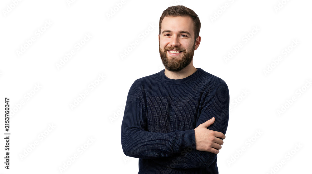 Fototapeta premium Studio portrait of smiling bearded man with crossed arms, casual navy sweater, isolated on white background
