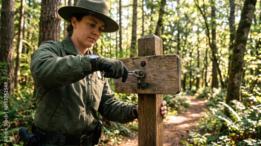 Fototapeta premium Woman adjusting wooden trail marker in lush forest setting