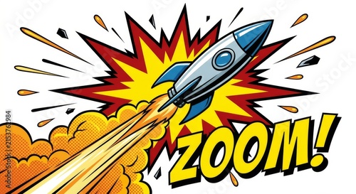 Colorful comic book rocket ship launching into space