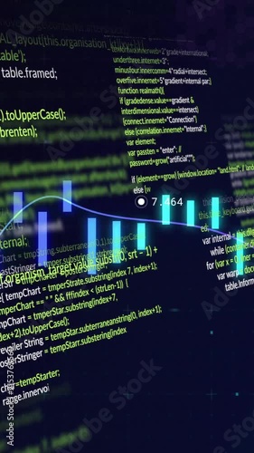 Financial data and coding animation over stock market chart with glowing lines