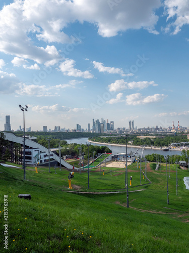 Panoramic view of Moscow urban landscape from Sparrow Hills with city buildings, skyline and clear sky