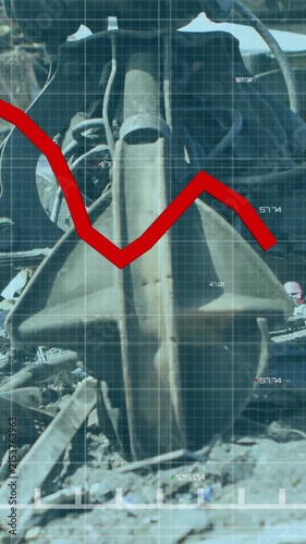Declining financial graph animation over industrial machinery in scrapyard setting