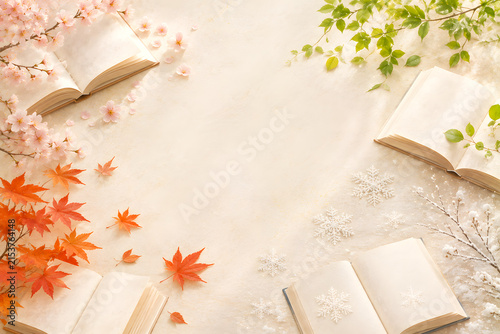 Books and Four Seasons Elegant Reading Concept Background