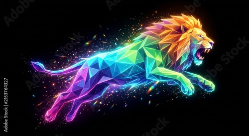 Vibrant geometric lion leaping through a dark cosmic space