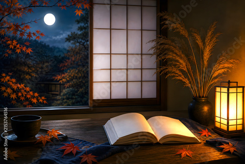 Cozy Japanese Autumn Night Reading Scene with Open Book and Moonlight