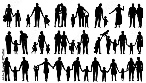 Set of black silhouettes of families holding hands isolated on a white background, for architectural visualization, and urban planning, projects and layouts