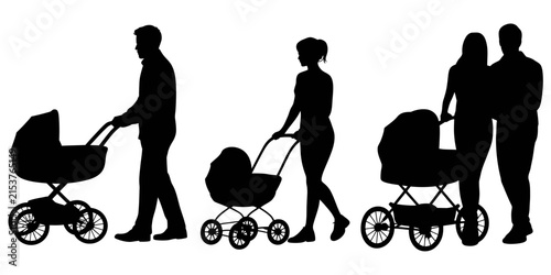 Set of black silhouettes showing parents pushing baby strollers, featuring different family members and walking poses, isolated on a white background