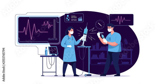 Medical Professionals Preparing Syringes and Monitoring Vital Signs With Modern Technology