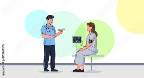 Medical Professionals Preparing Treatment In Clinic While Checking Blood Pressure Illustration