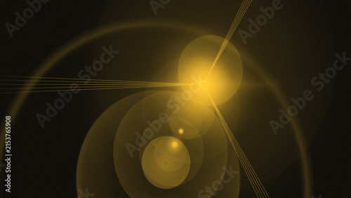Obraz na plátně Golden lens flare with concentric circles, light streaks, and bright starburst on dark background