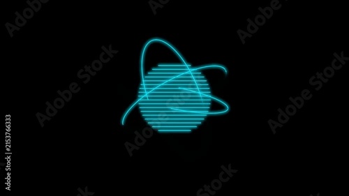 Abstract glowing neon blue atom structure consisting of horizontal lines and orbiting rings representing scientific research and technology concepts motion, animation, loop, video