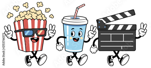 Cartoon popcorn cup soda and clapperboard characters at the movies on a white background, featuring playful cinema elements and entertainment symbols.