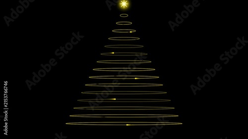 Minimalist abstract christmas tree illustration formed by glowing golden spiral rings with a shining star topper for festive holiday design motion, animation, loop, video