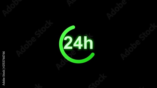 A bright green glowing neon sign showing the text 24h surrounded by a circular clock icon representing constant availability motion, animation, loop, video