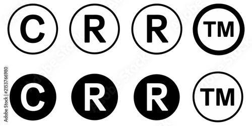 Принти на полотні Copyright trademark and registered symbol icons in black and white circles for intellectual property, legal protection, branding, and business identity