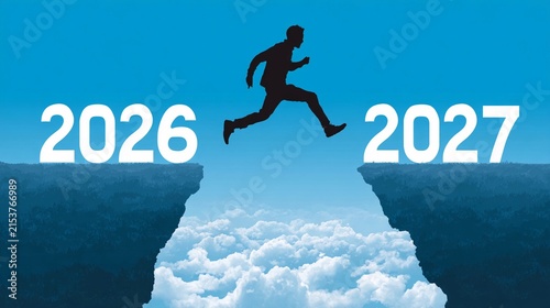 Silhouette of person jumping from 2026 cliff to 2027 cliff. Sky blue background with fluffy clouds below. Shows confident leap toward new year ahead. Suitable for business presentations