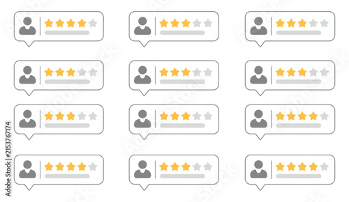 Customer rating review cards illustration with star scores, user profile icons, feedback bubbles, and testimonial elements for app, website, service, and survey design.
