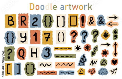 Colorful doodle letters numbers and symbols artwork on a white background