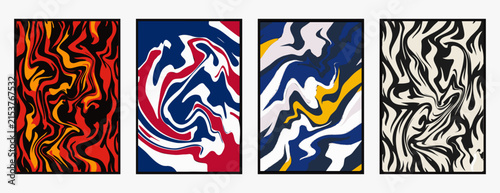 Four abstract fluid art patterns in vibrant colors with swirling marbled designs