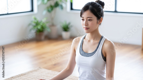 Plakat 明るい室内でヨガや瞑想をする若い日本人女性のヘルスケア