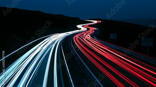 Dynamic long exposure night traffic light trails on winding mountain road with motion blur effect