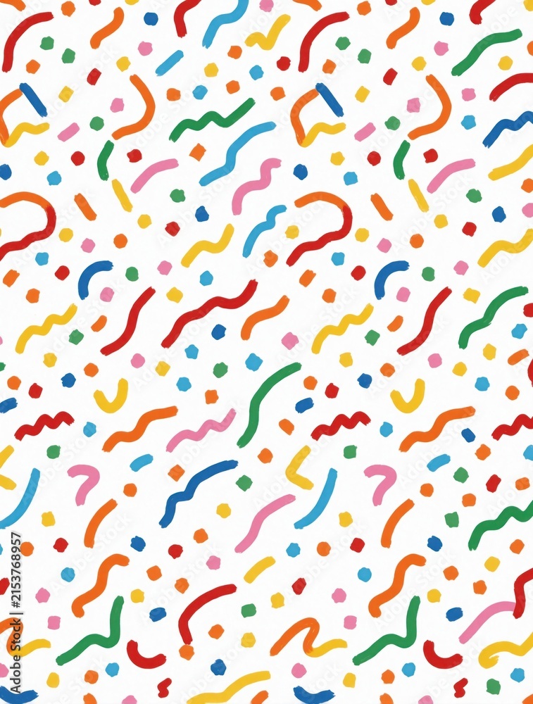 Fototapeta premium Abstract pattern with colorful confetti dots and wavy lines on white background, suggesting a fun, festive celebration. Great for party invites, kid designs, and joyful decor.