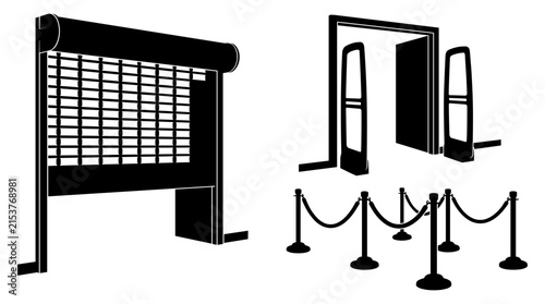 Принти на полотні Black silhouette of a rolling security shutter, anti-theft store entrance gates,