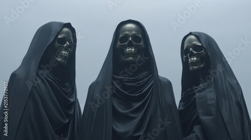 Three figures in dark hooded cloaks with bony hands pose against a neutral backdrop, showcasing a ghostly visage and skeletal features